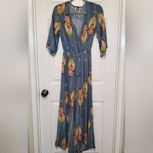 Jaase Wide Leg Bohemian Blue Short Sleeve Jumpsuit S